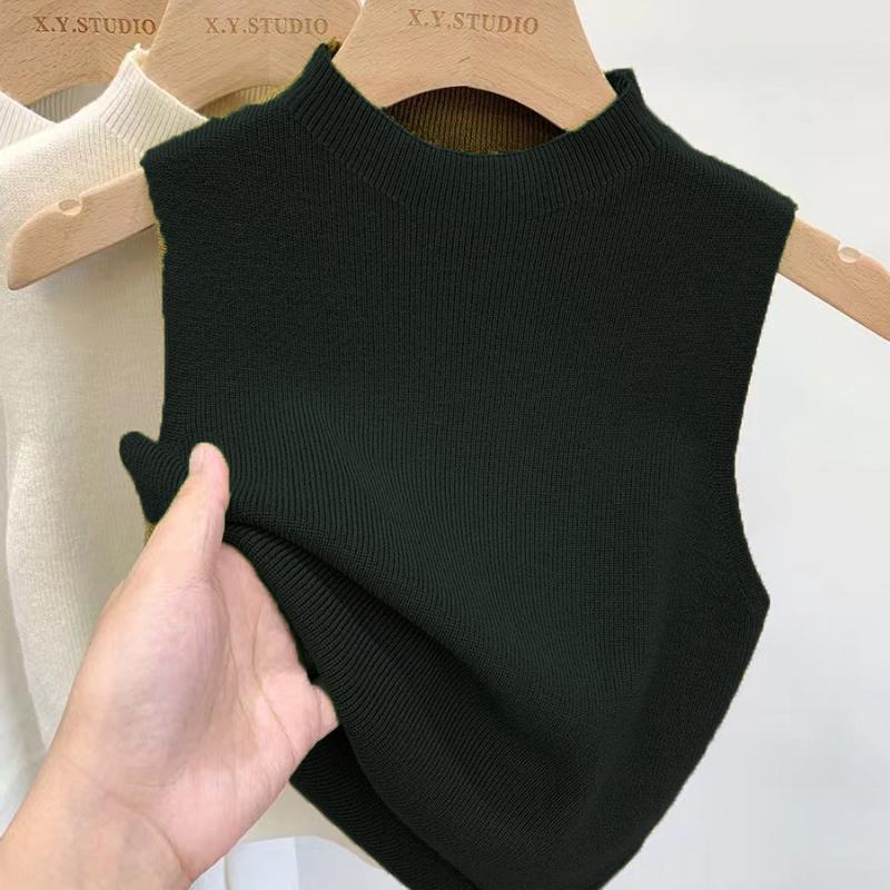 Camisola de punto holgada con cuello medio alto para mujer, sin mangas, de verano, para oficina, informal, 24108