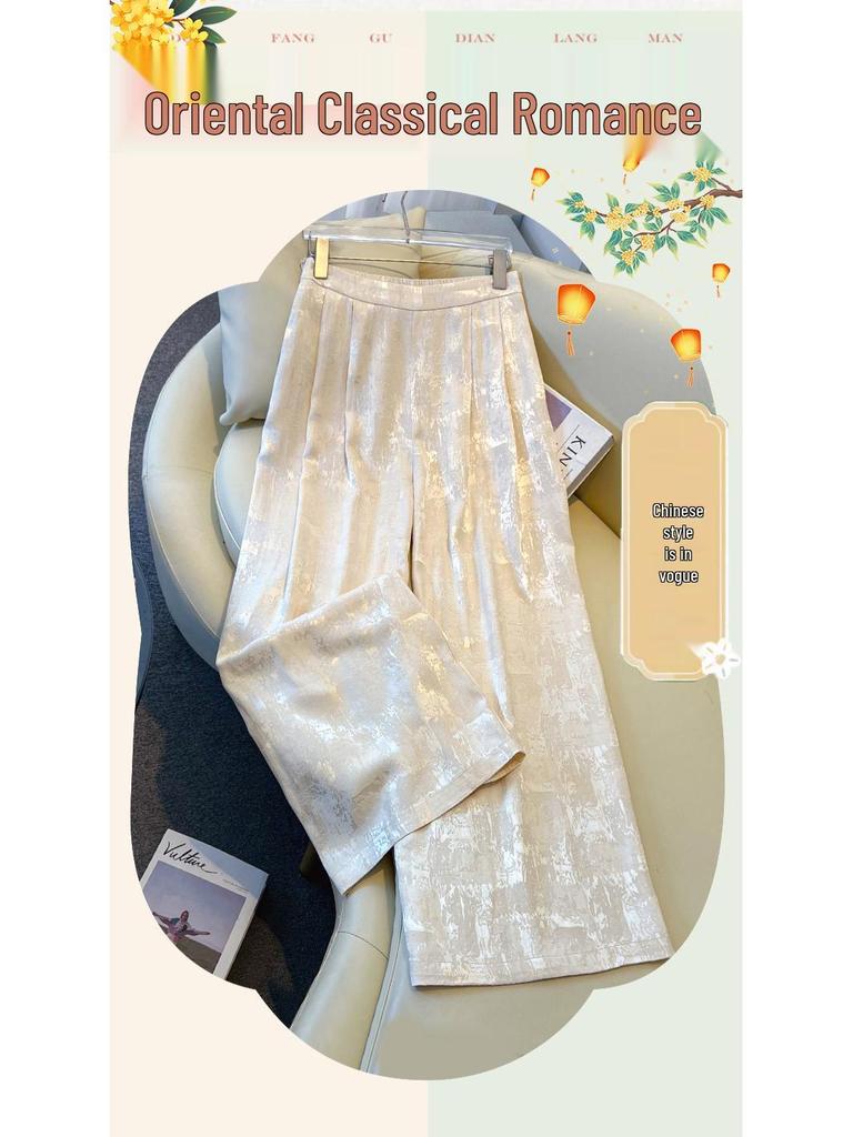 Silk Jacquard Wide-Leg Pants for Middle-Aged Women - Ethnic Style Retro Slimming Design
