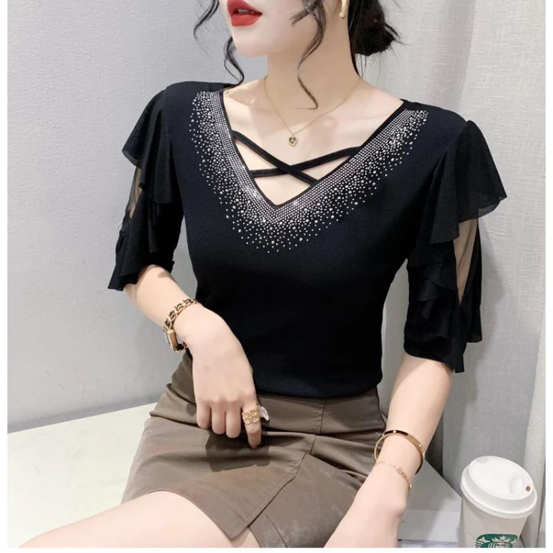 New Summer European Clothes Women's T-Shirt Fashion Sexy V-Neck Shiny Diamonds Tops Chic Hollow Out Short Sleeve All Match Tees