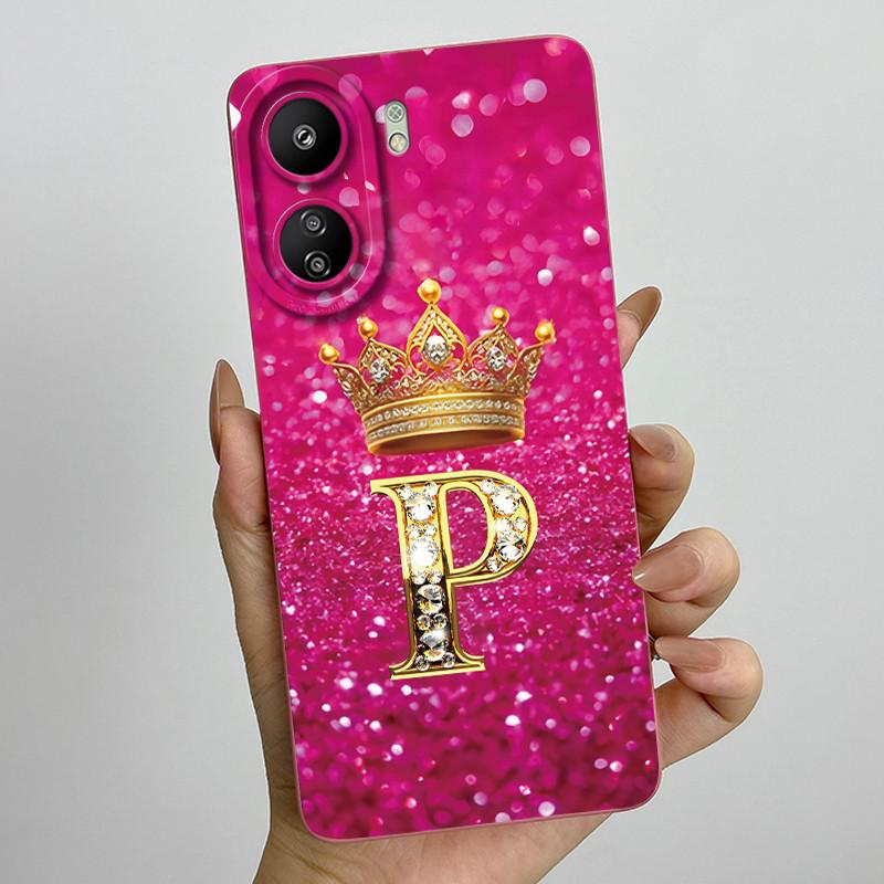 For Xiaomi Redmi 13C 4G Phone Case 13C Crown Initial Letter Silicone Soft Back Cover For Redmi 13C 13 C 4G Poco C65 Coque Capa
