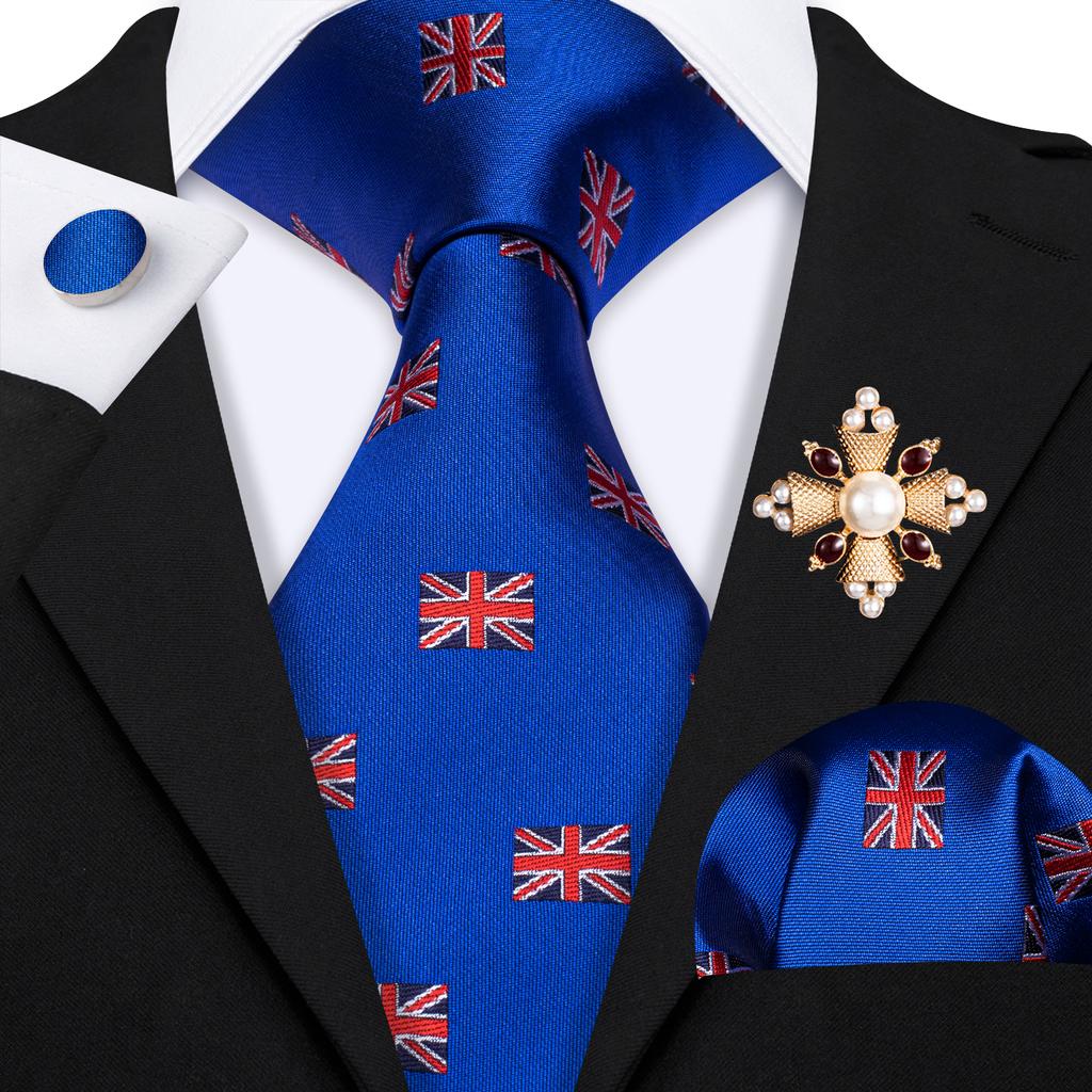 Pearl Brooch with Silk Tie for Men Vintage Floral Teal Necktie Hanky Cufflinks Gift Formal Set