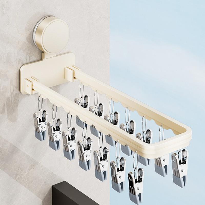 

Folding Suction Cup Clothes Drying Rack 14 Clips for Drying Underwear Socks No Drilling Wall-mounted