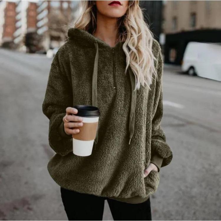 

Winter Women Plush Hooded Pullover Long Sleeve Turtleneck Zipper Coat Loose Warm Fluffy Sweatshirt Autumn Winter Outerwear 5XL