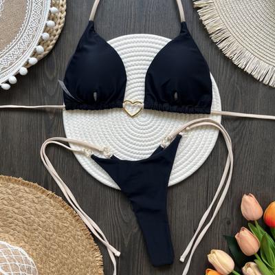 2Pcs/Set Women Bikini Set Heart Metal Buckle Halter Lace-up Swimsuit with Briefs Set Quick Drying Beachwear