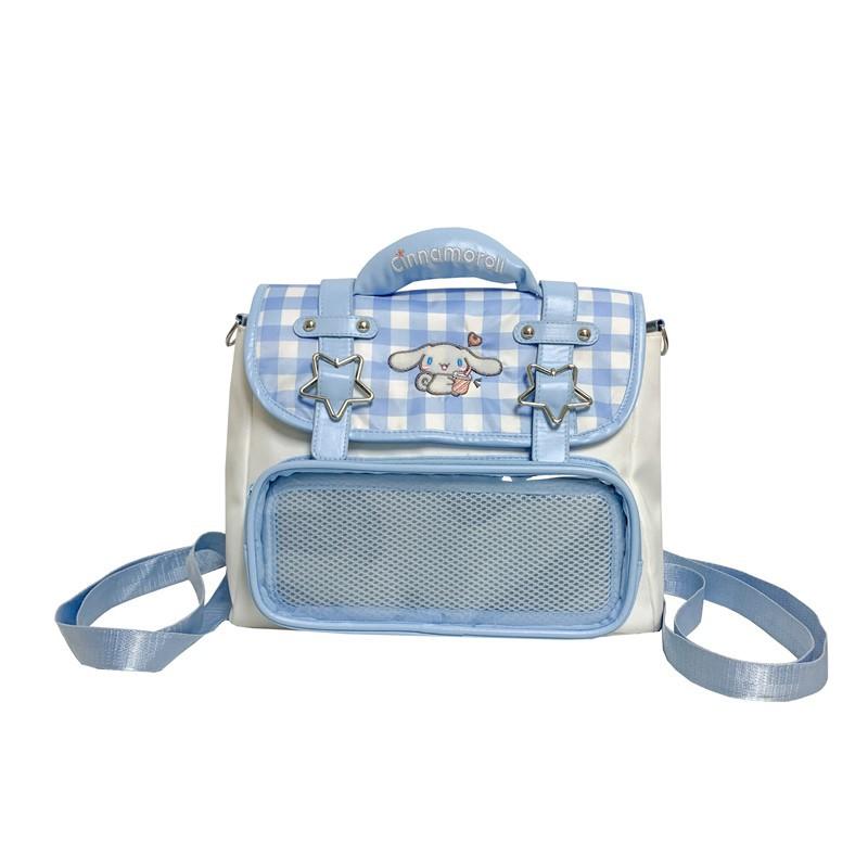 

High-value canvas schoolbag, small food, two-dimensional blue plaid pvc flip girl backpack no accessories