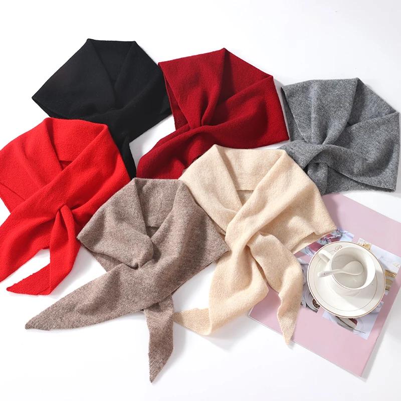 100% Wool Knitted Triangle Perforated Scarf Women's Soft Warm Cross Neck Wrap Fashion Mini Fake Collar Woolen Neck Cover