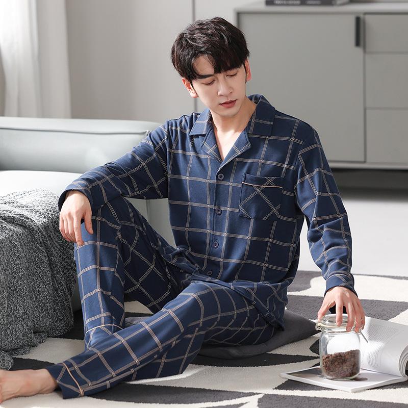 Pure Cotton Men's Pajamas Long-sleeved Suit Spring and Autumn Plus Size Youth Loungewear Autumn and Winter Plaid New Autumn Models
