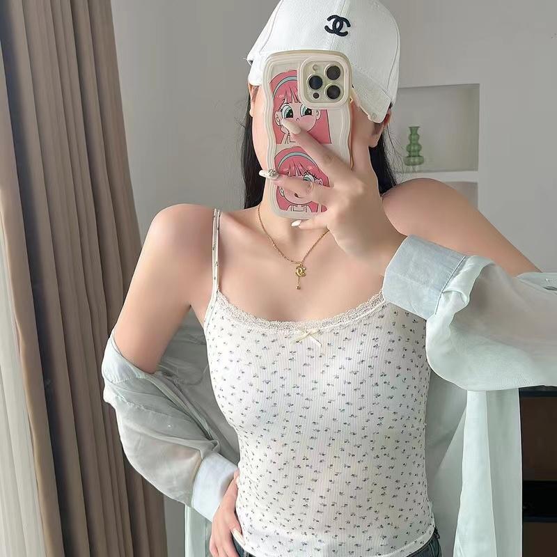 Elegant Lace Flower Print Y2K Slim Sexy Vest Floral Tops One Size Floral Tank Tops Spring