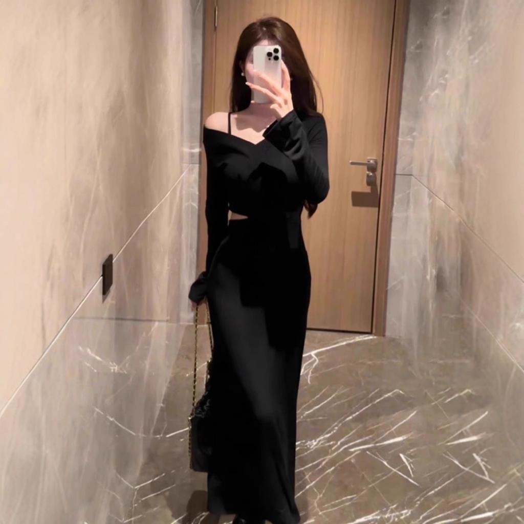 French black off-the-shoulder v-neck long-sleeved dress, autumn dress for women, small man with waist temperament, waist-exposed, bottom-up dress