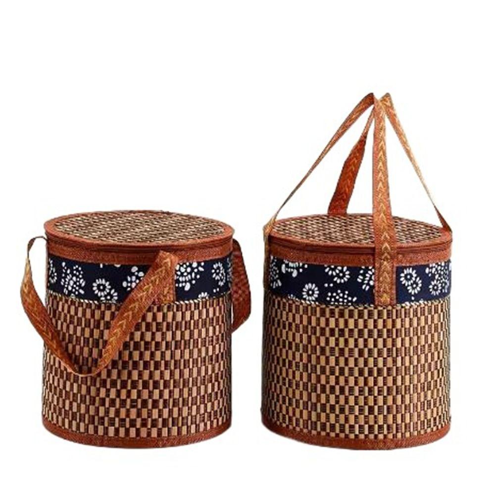 Handheld Bamboo Woven Picnic Basket Cylindrical Tote Storage Basket Dessert Food Bag  Tea