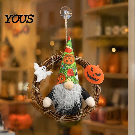 Halloween Wall Hanging Gnome Wreath, Faceless Rattan Rustic Decoration Holiday Door Hanger with Pumpkin Ghost for Front Party Decor