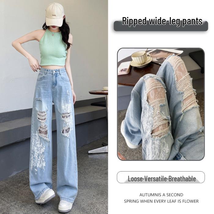 Summer 2026 Women s High Waist Wide Leg Lace Print Jeans XS