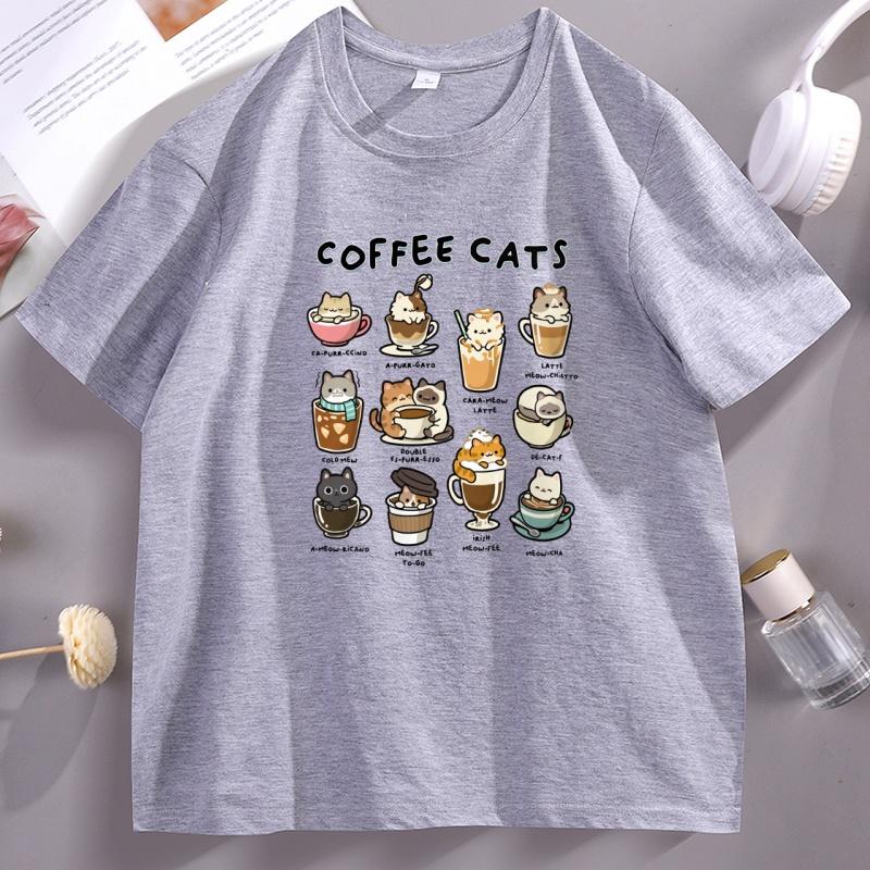 Coffee Cats T Shirt Funny Kawaii Cats Cotton Short Sleeve Round Neck Printed Tshirts Printed Summer Tshirt Casual Loose