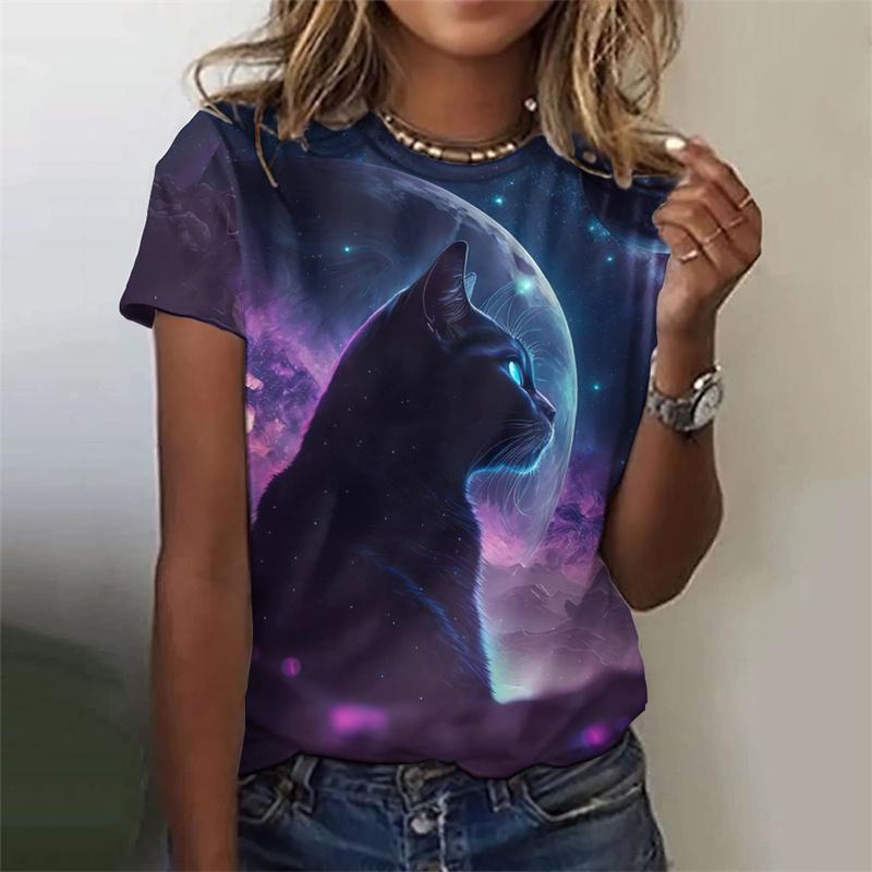 3D Printed Night Cat T-Shirt For Women Colorful Starry Sky Graphic Tees Summer Casual T Shirts Short Sleeves Round Neck Tops