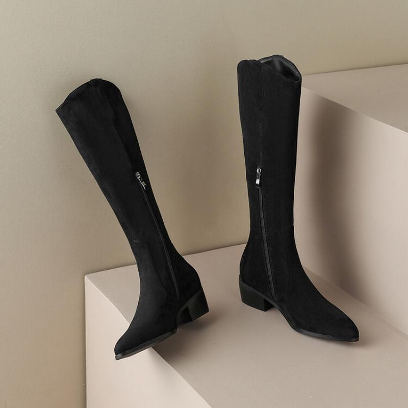 

Autumn and winter women s suede fashion boots, black pointed zipper high-heeled boots, new square-heeled leather boots, Korean version of high boots 39