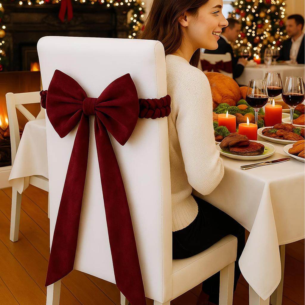 Christmas Bow Chair Back Cover Decoration Ornament Chair Ties For Dining Holiday Home Wedding Party Winter Festival