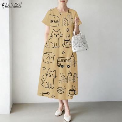 Γυναικείο Casual Φόρεμα με Στρογγυλή Λαιμόκοψη, Κοντό Μανίκι, Χαλαρό, Με Σχέδιο