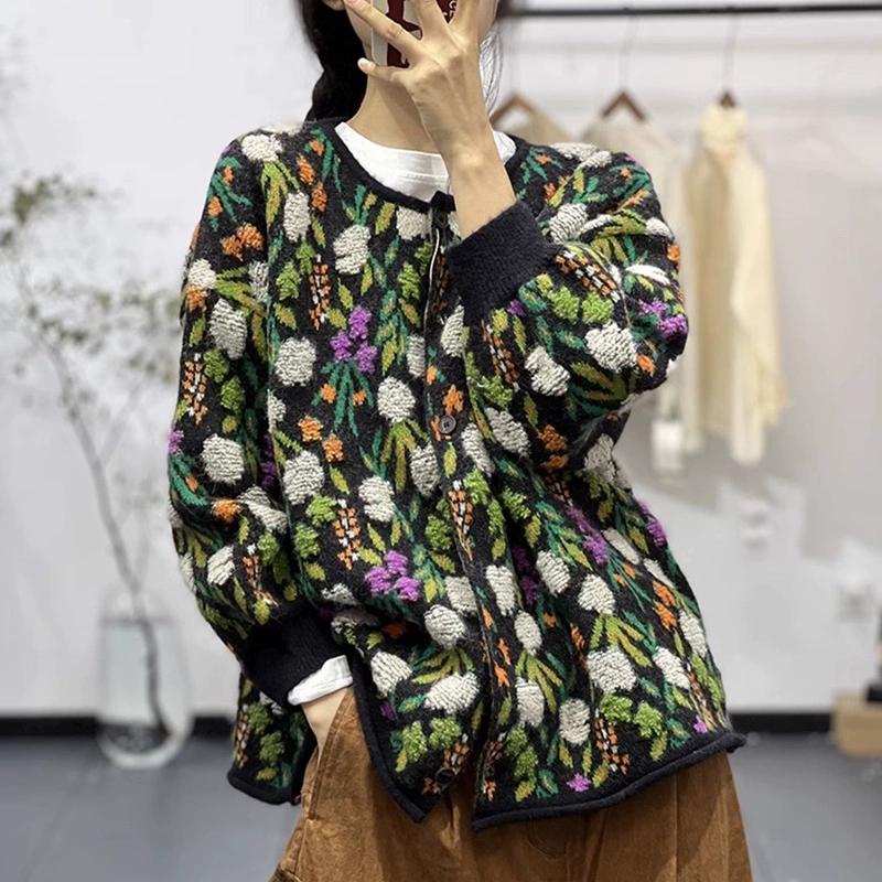 Sweaters Flower Coat Cardigan Autumn Women Print O-Neck Bat Sweaters Knitting Loose Sweater Green