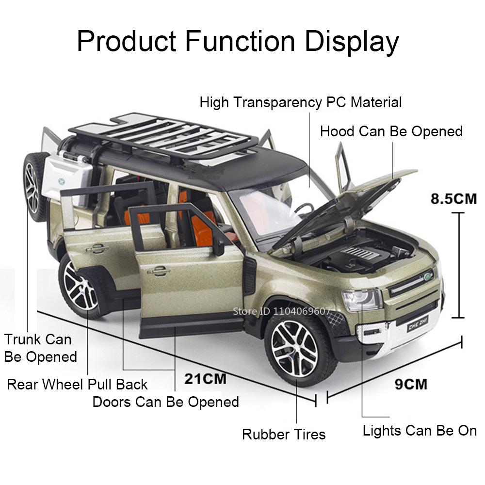 1:24 Land Rover Defender Toy Car Models Alloy Diecast SV2022 SUV Sound Light Doors Opened Pull Back Decoration Vehicle Toys Gift