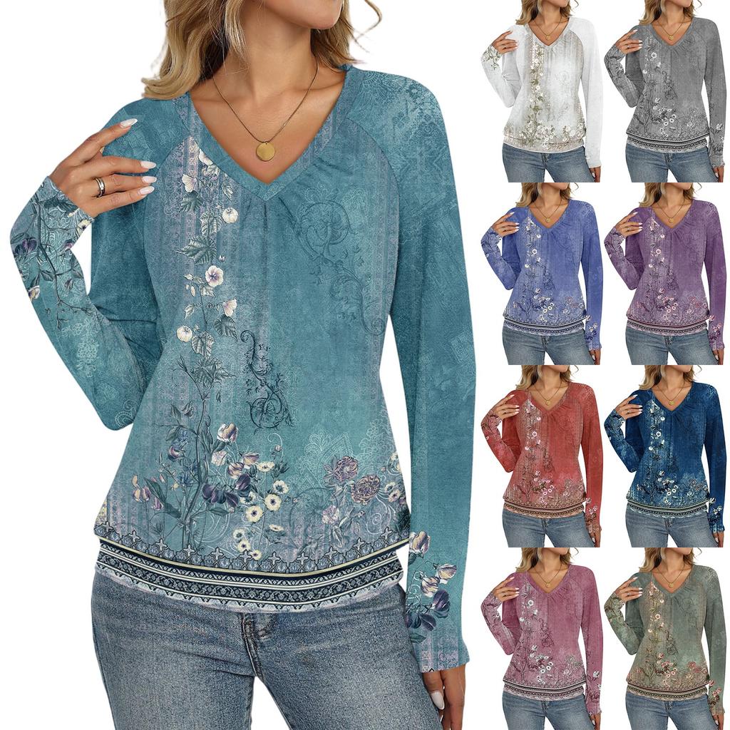 Women's Casual Fashion V-Neck Raglan Pleated Retro Printed Long Sleeve Top
