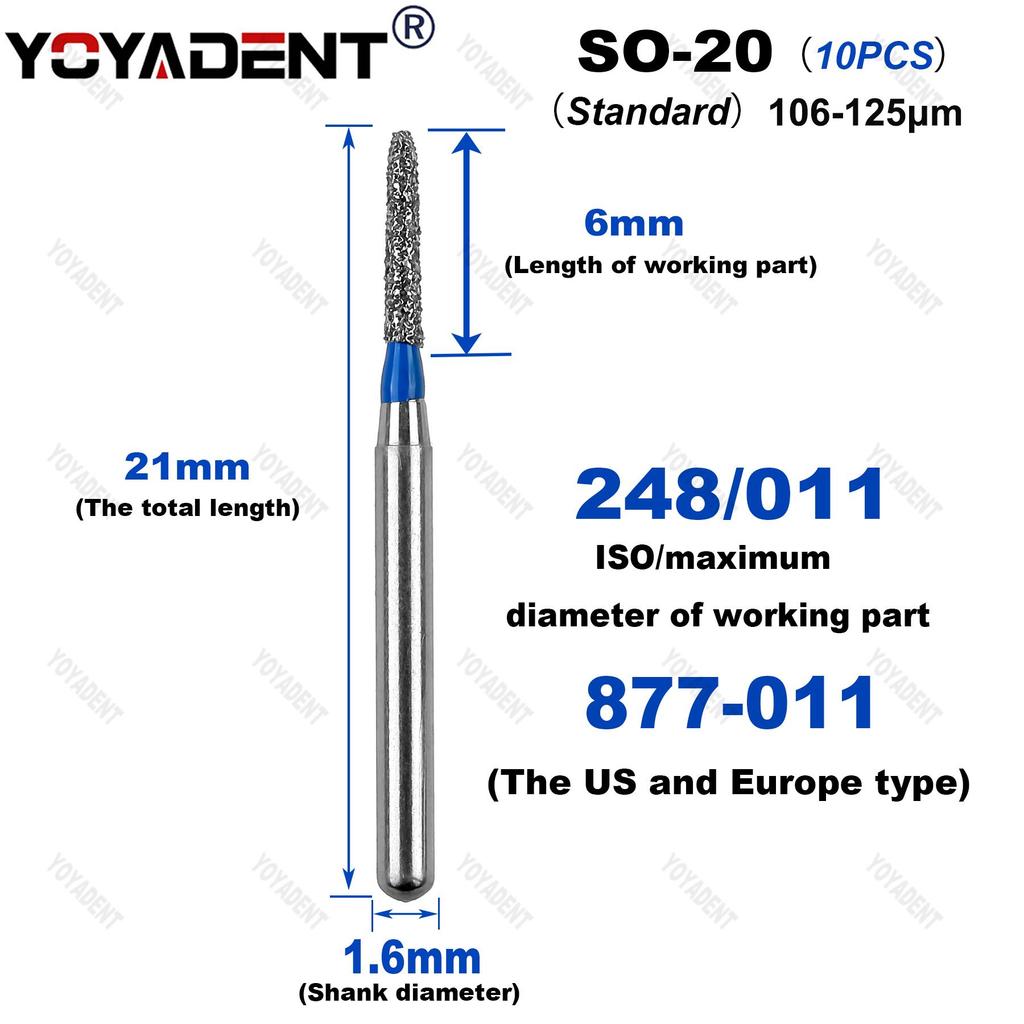 10Pcs/Pack Dental Diamond Burs SO Type Extra Coarse/Coarse/Standard Dentistry Drills For High Speed Handpiece Dia.1.6mm