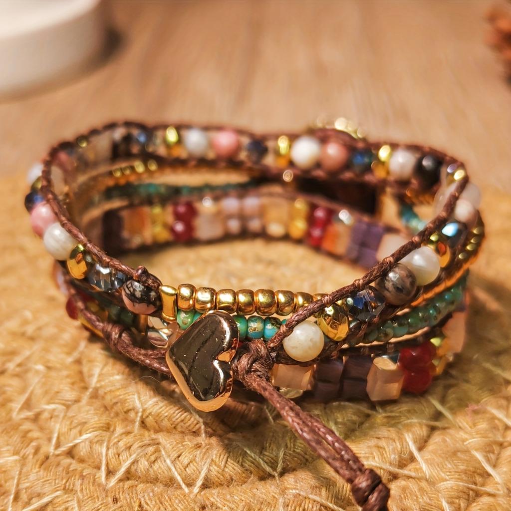 Bohemian style natural imperial stone three-layer hand-woven bracelet, vintage design, suitable for everyday wear, vacations, travel, or as a gift.