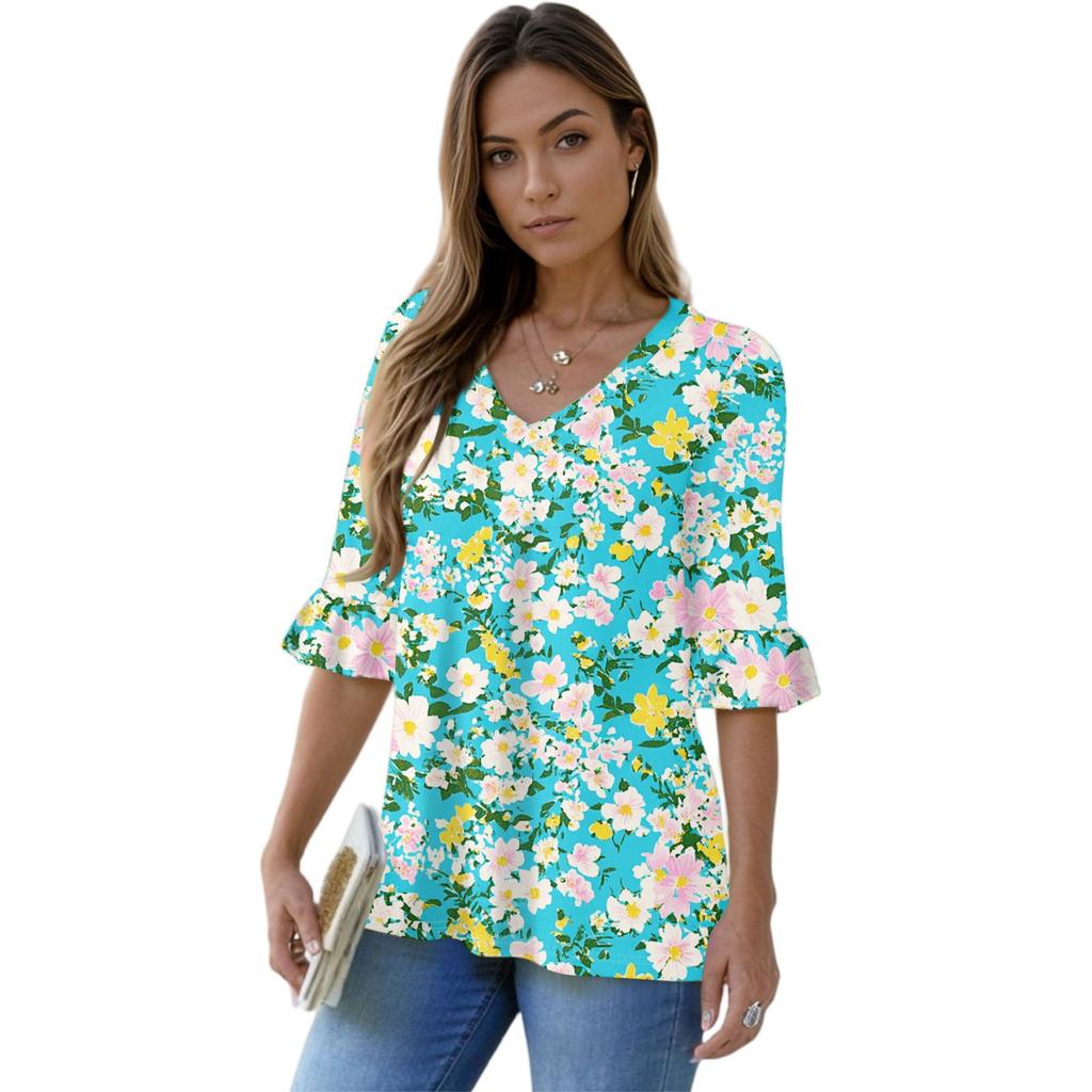 Women's Casual 3/4 Sleeve Tops V-Neck Sleeve T-Shirt Floral Print Tops