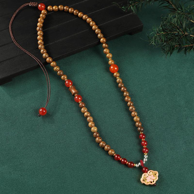 Retro Chinese wooden bead cloisonne necklace niche design medium and long sweater chain temperament literary women's accessories