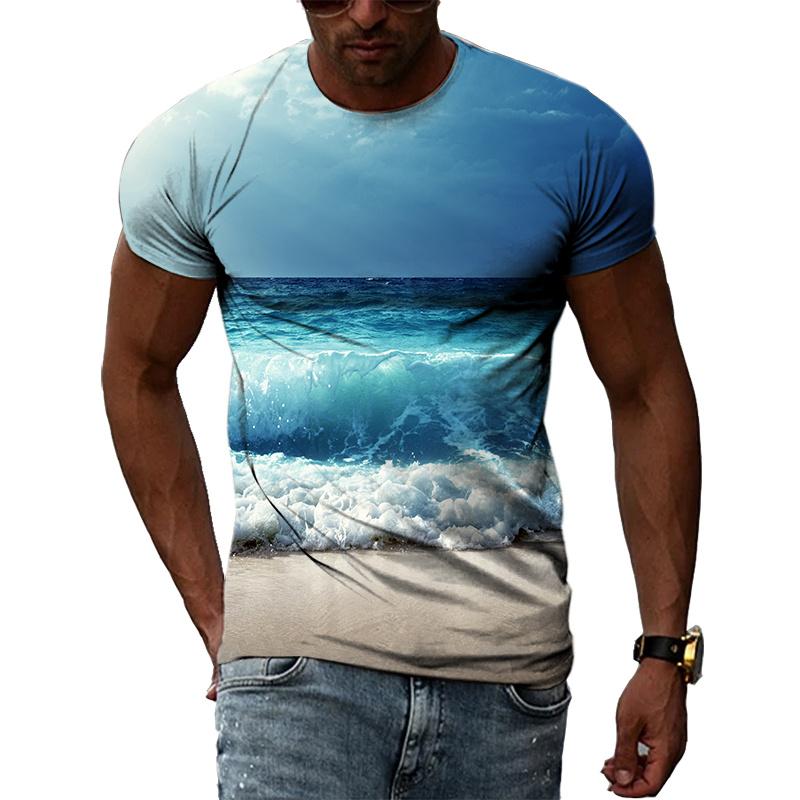 Ocean Wave Pattern T-Shirts Summer Fashion Beach Short Sleeve 3d Printed Top Loose Casual Round neck Holidaywear Mens Tees