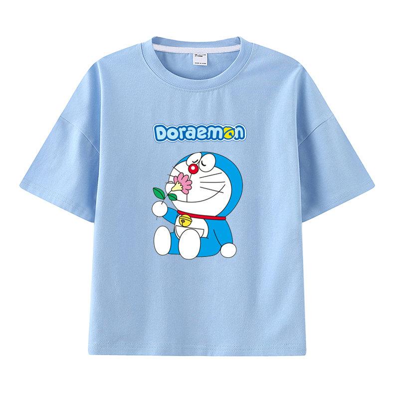 Pure Cotton Childrens Shortsleeved Tshirt for Summer Boys and Girls Halfsleeved Childrens Clothing with Doraemon Pattern