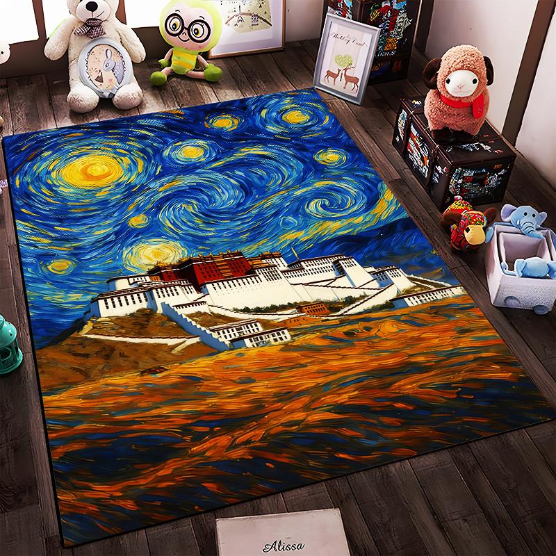 "Starry Night-Inspired Landscape Rug with Mountain Architecture Design" Suitable for Use As an Anti-slip for Living Room Bedroom Sofas