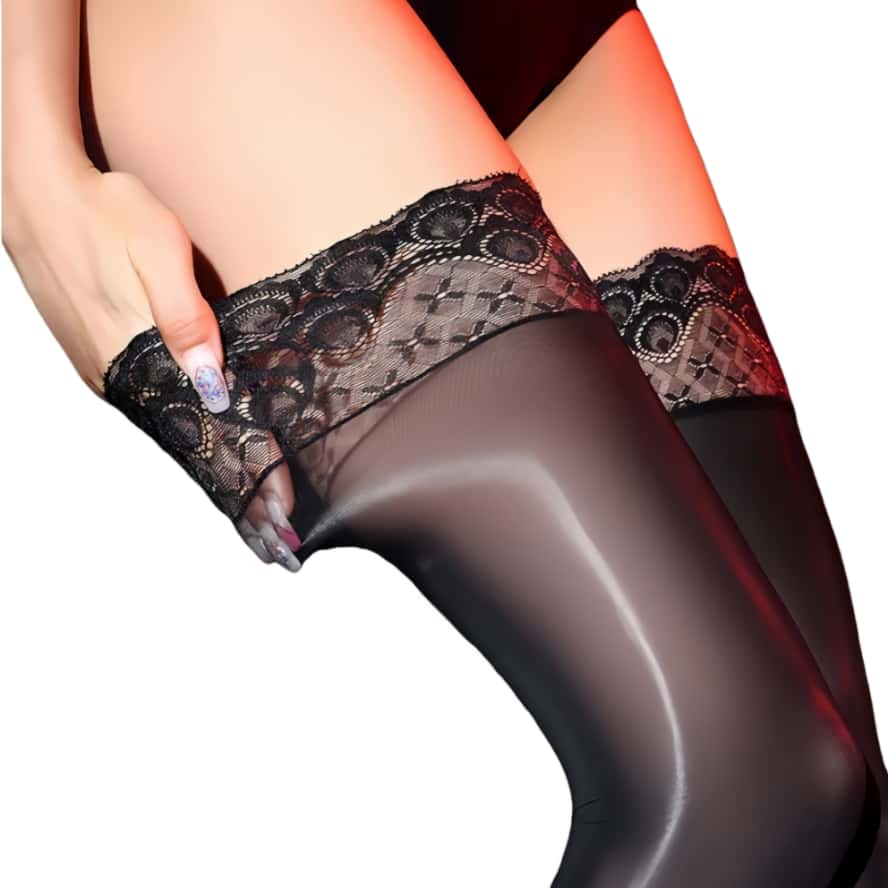 Ultra Thin Sexy Oil Shinny Black Lace Top Floral Silk Stockings Silicone Non-Slip Stay Up Thigh High Long Socks Hosiery Lingerie