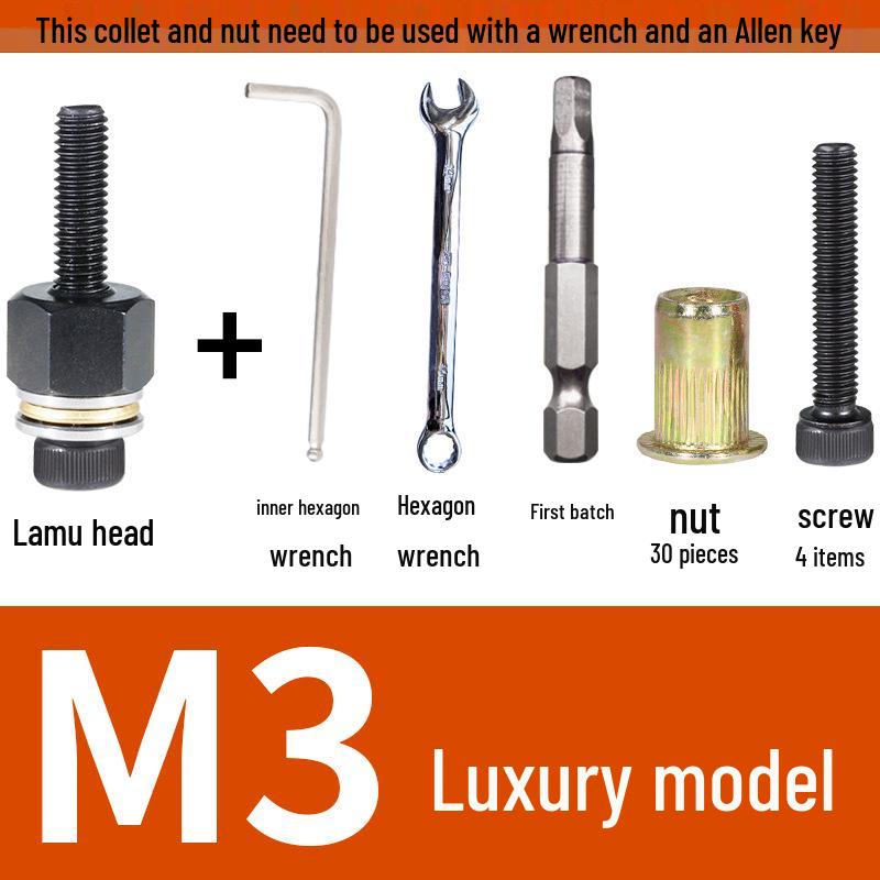 Multi-Purpose Electric Rivet Tool with Manual Wrench and Nut Head Attachment