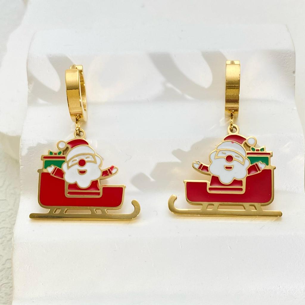 Popular Stainless Steel Christmas Jewelry Set: Sleigh & Reindeer Pendant Necklace, Bracelet, and Earrings