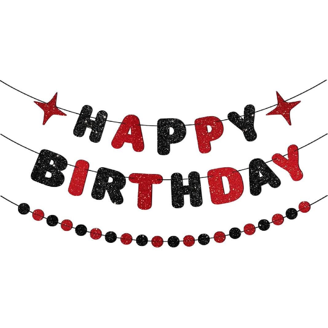 Red and Black Happy Birthday Banner Glitter Garland for Black and Red Decorations Happy Birthday Decorations for Women Men Boys Girls 25st 30st 40st красный черный