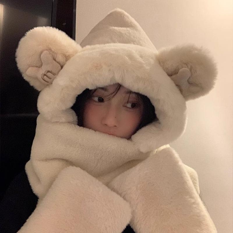 Bear ears hat scarf integrated women's winter cute plush thickened warm scarf gloves three-piece set