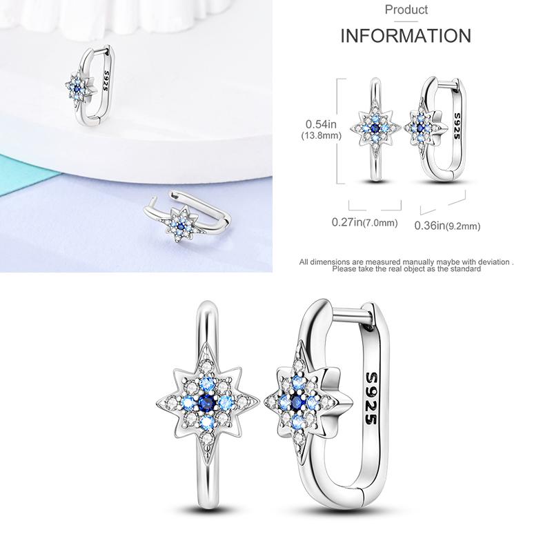 Sparkling Blue Zircon Hoop Earrings Pave U Shape Star Devil Eyes Circle S925 Drop Earring Fit Original Party Jewelry