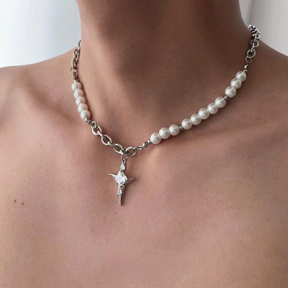 Hip-hop Punk Shiny Zircon Starlight Stainless Steel Cross Pendant Imitation Pearl Beaded Splicing Necklace for Women Men Jewelry