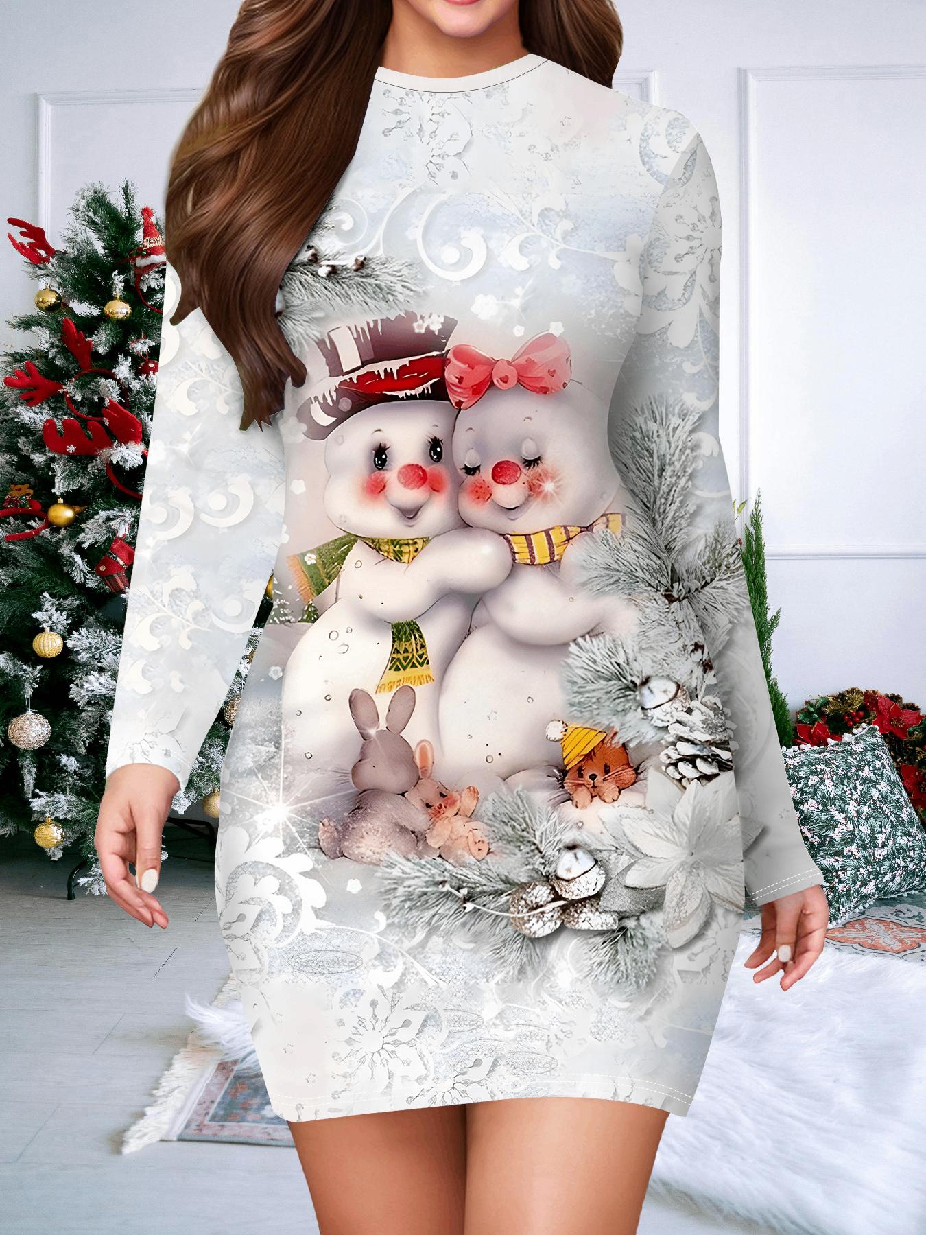 

2025 Осінньо-зимове нове жіноче плаття, що облягає стегна, з 3D різдвяним принтом та фарбуванням, модна жіноча сукня з довгим рукавом та круглим вирізом, що сексуально облягає стегна S білий