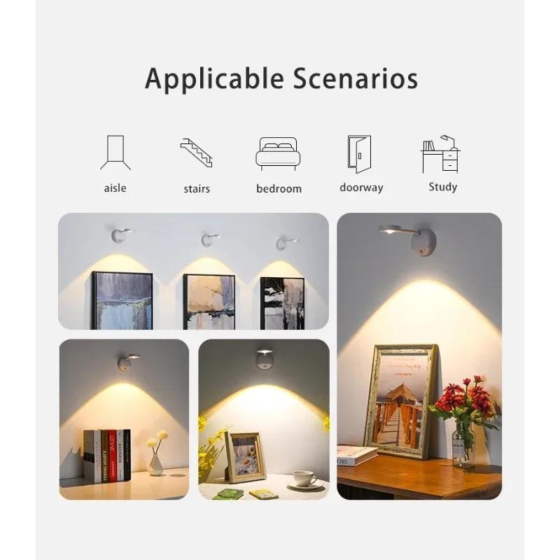 LED Wall Lamp Rechargeable Intelligent Human Sensing Wireless Wall Light Dimmable Led Spotlight for Lighting Paintings Pictures