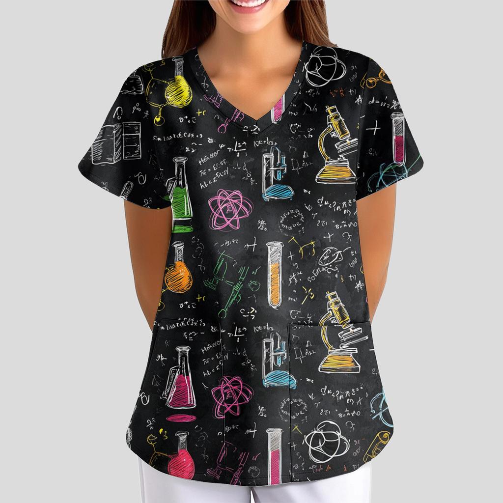 Women's Floral Print Loose V-neck Short-sleeved Uniform/ Uniform