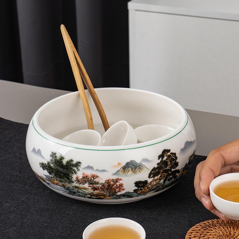 Large Chinese Style Blue and White Porcelain Tea Wash Basin and Cup Washer with Lan Ting Xu Calligraphy - Retro Ceramic Brush Washer