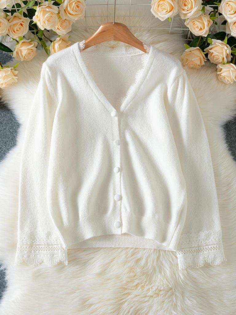 Elegant Lace Patchwork V-neck Knit Cardigan - Autumn Fashion for Women