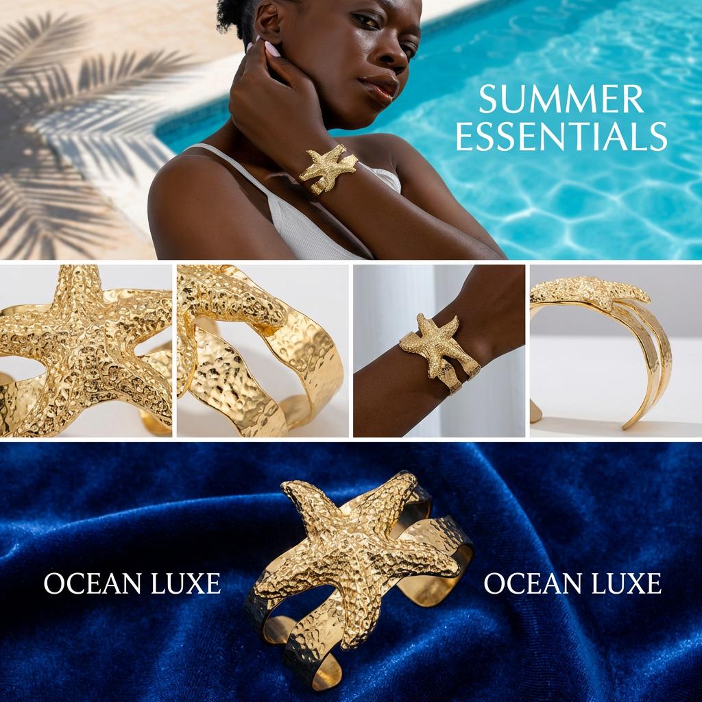 Luxury Gold Color Starfish Cuff Bracelet for Women Chunky Statement Open Bangle Girls Summer Beach Vacation Jewelry Accessories
