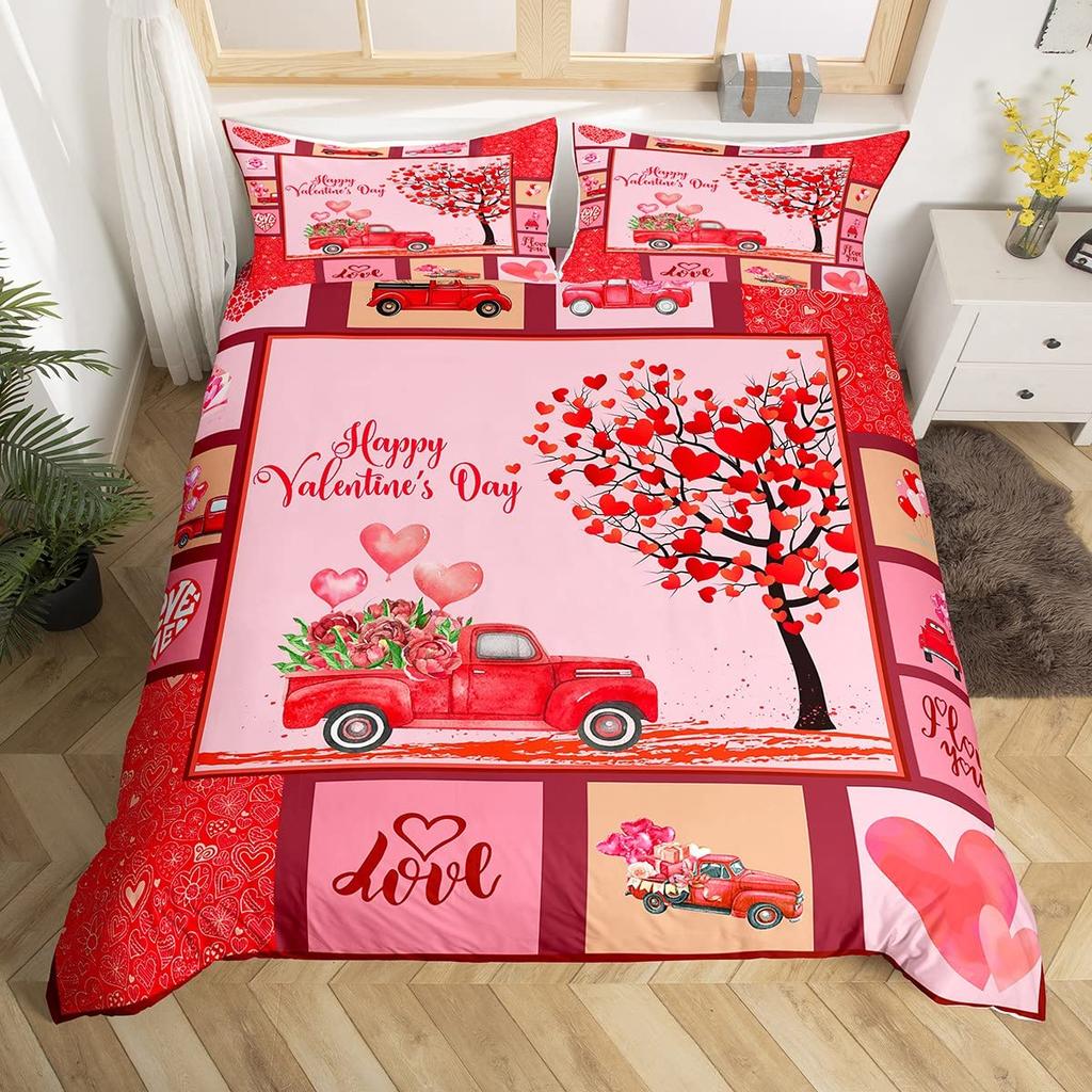 Valentines Day King Duvet Cover Romantic Bedding Set Kawaii Couple Gnome Comforter Cover Pink Rose Hearts Polyester Quilt Cover
