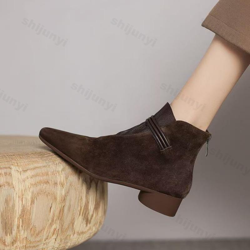 Women Ankle Boots 2026 Autumn Pointed Toe Suede Non-slip Short Boots Outdoor Casual Low Heel Zipper Fashion Boots Botas De Mujer