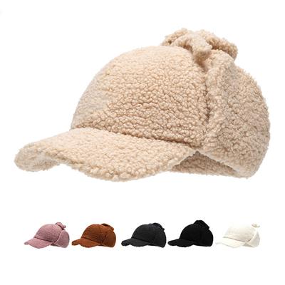 Lammwolle Baseballmütze Warme Mütze Damen Plüsch Einfarbig Herbst Winter Ohrenschutzmütze
