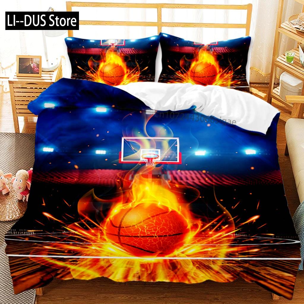 Basketball Dynetrekksett Dobbel Størrelse Sport Basketball Ildmønster Dobbel Sengetøysett Mikrofiber Dynetrekk For Gutter Og Tenåringer