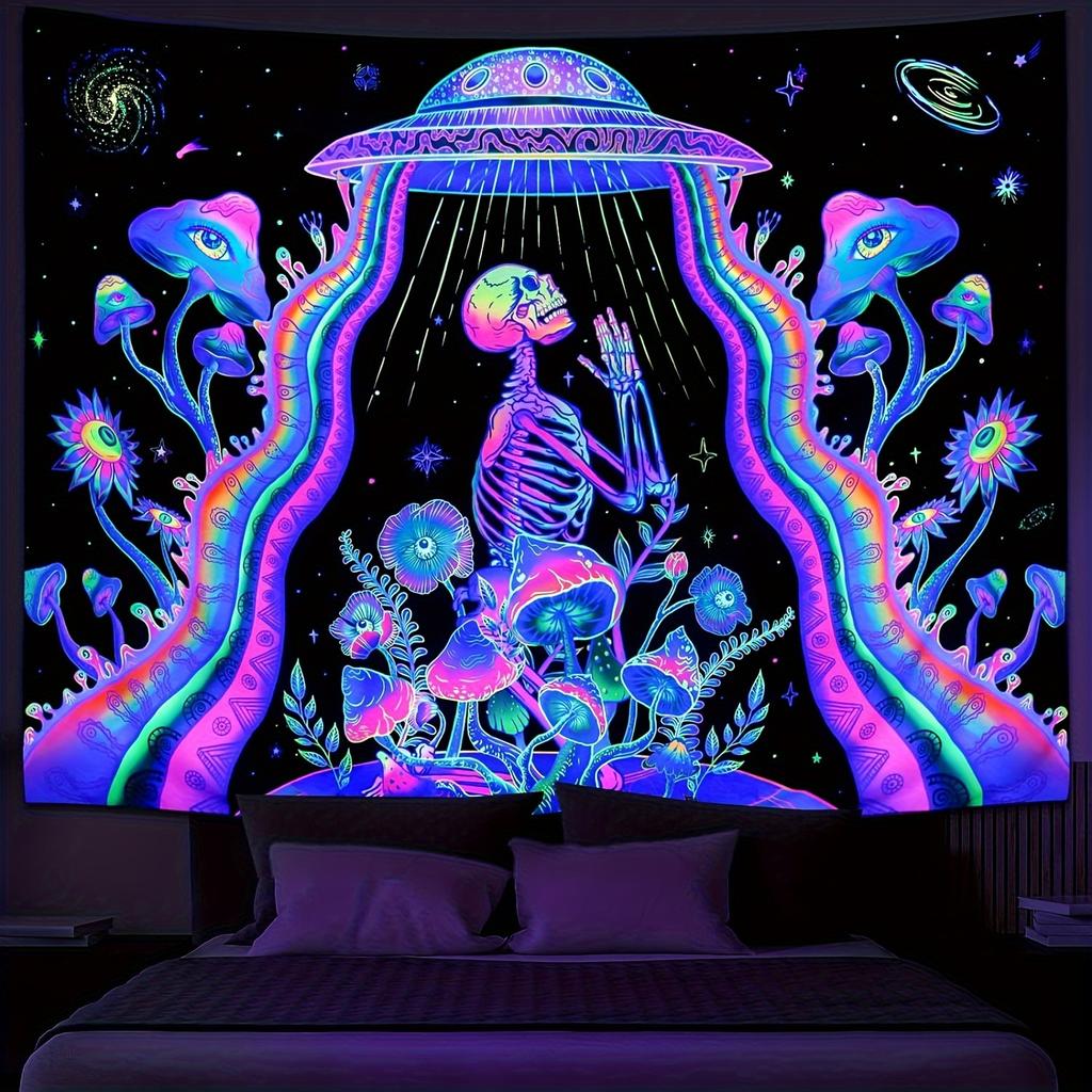 VIKAMA Psychedelic Vaporwave GlowintheDark Tapestry Skull UFO and Mushroom Bedroom Headboard Wall Decoration