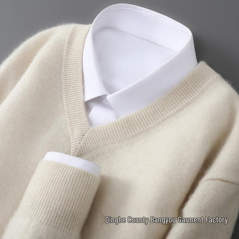 Men's Pure Wool V-Neck Sweater - Loose Fit, Plus Size, Cashmere Blend, Autumn/Winter Collection